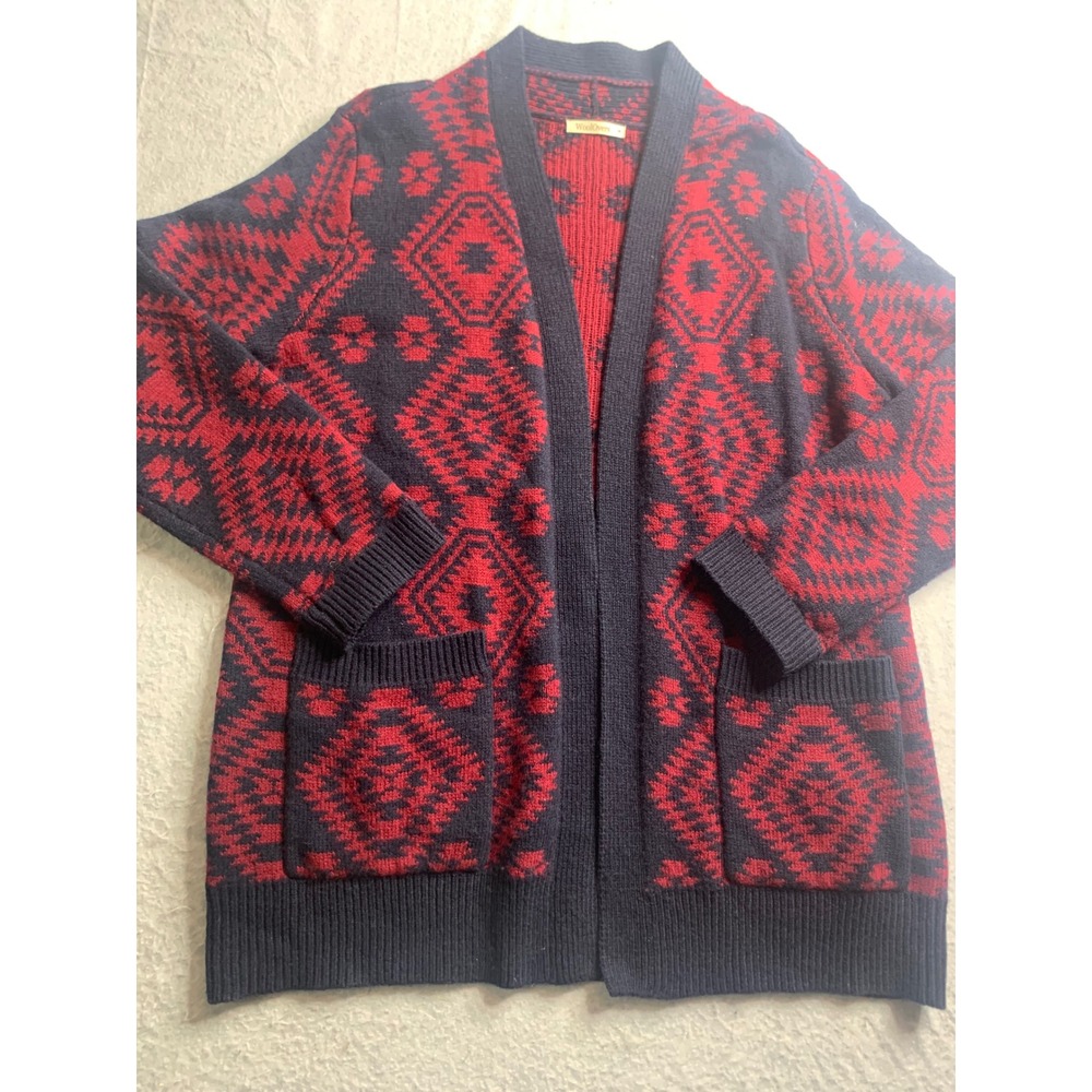 WoolOvers Red Navy Aztec Geometric Knit Cardigan Sweater Medium Open‎ Front